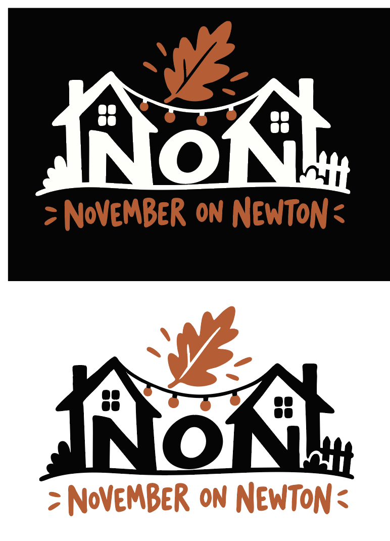 November on Newton: two neighborhood houses beneath an autumn leaf